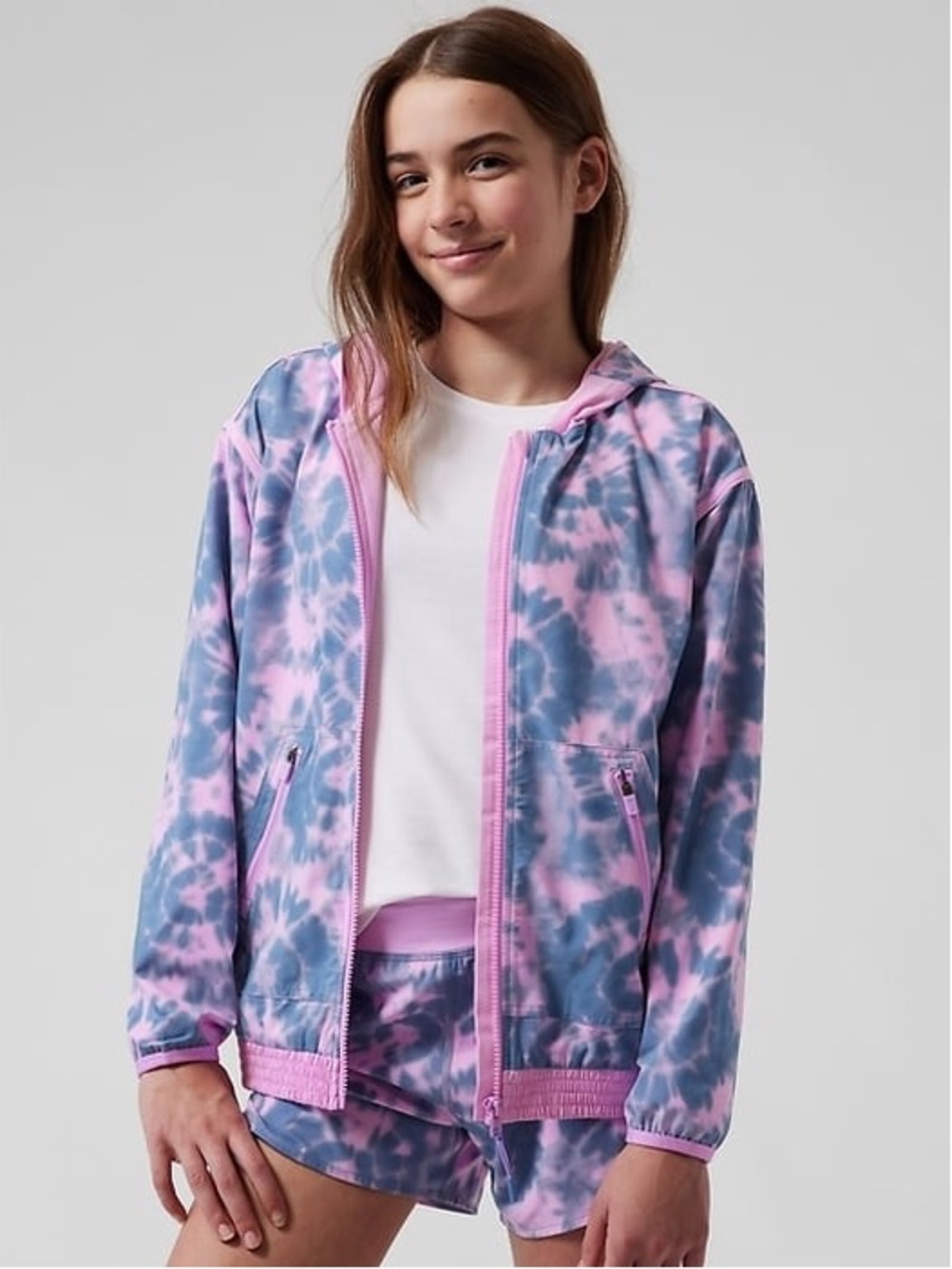 Athleta Girl Happy-Go-Lucky Rain Jacket Mesh Tie Dye Blue Pink Hooded Zip Size 7